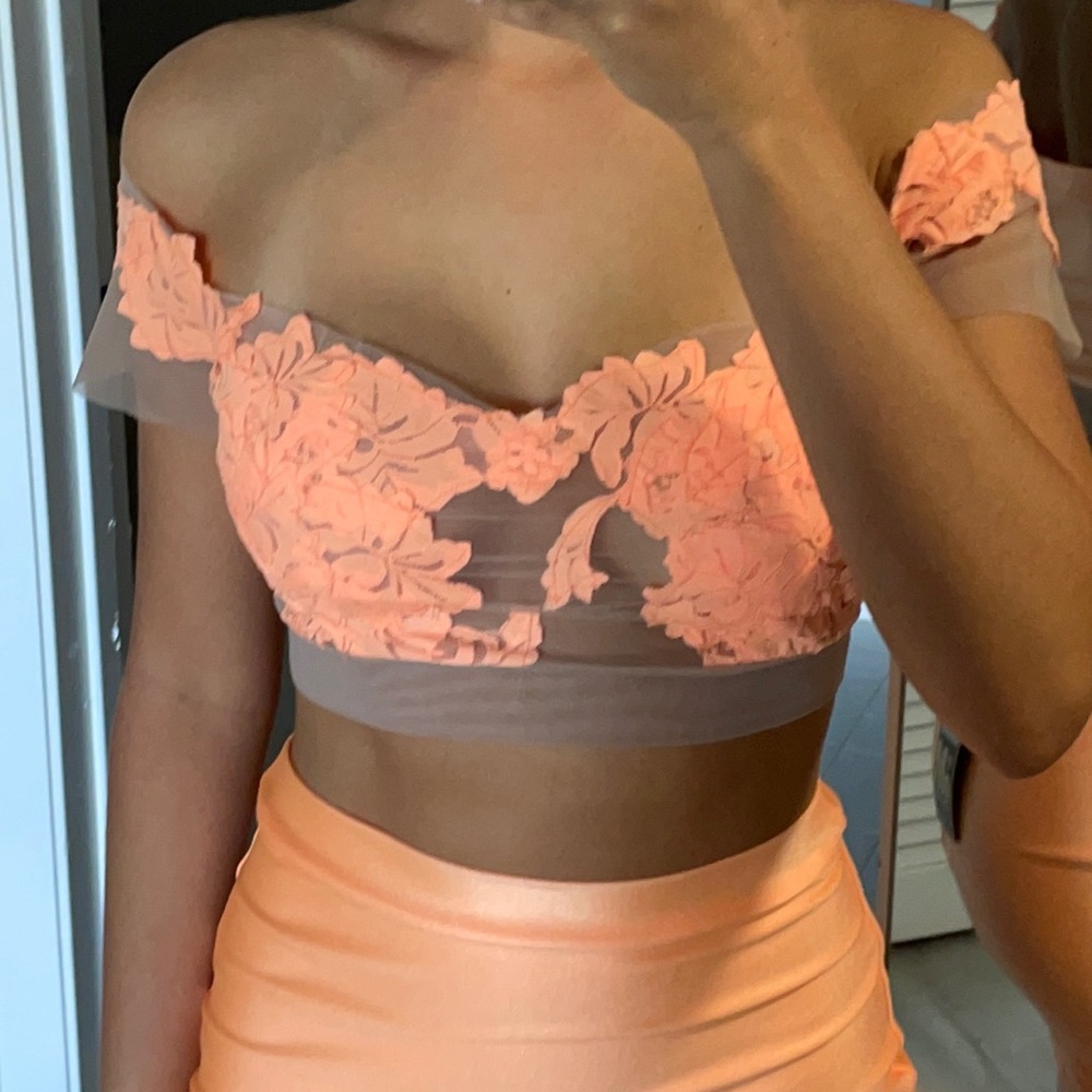 Bright Orange Satin Two Piece Set w/ Lace Detail